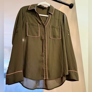Olive Green Portofino Button Down Top with Blush Pink Piping Detail